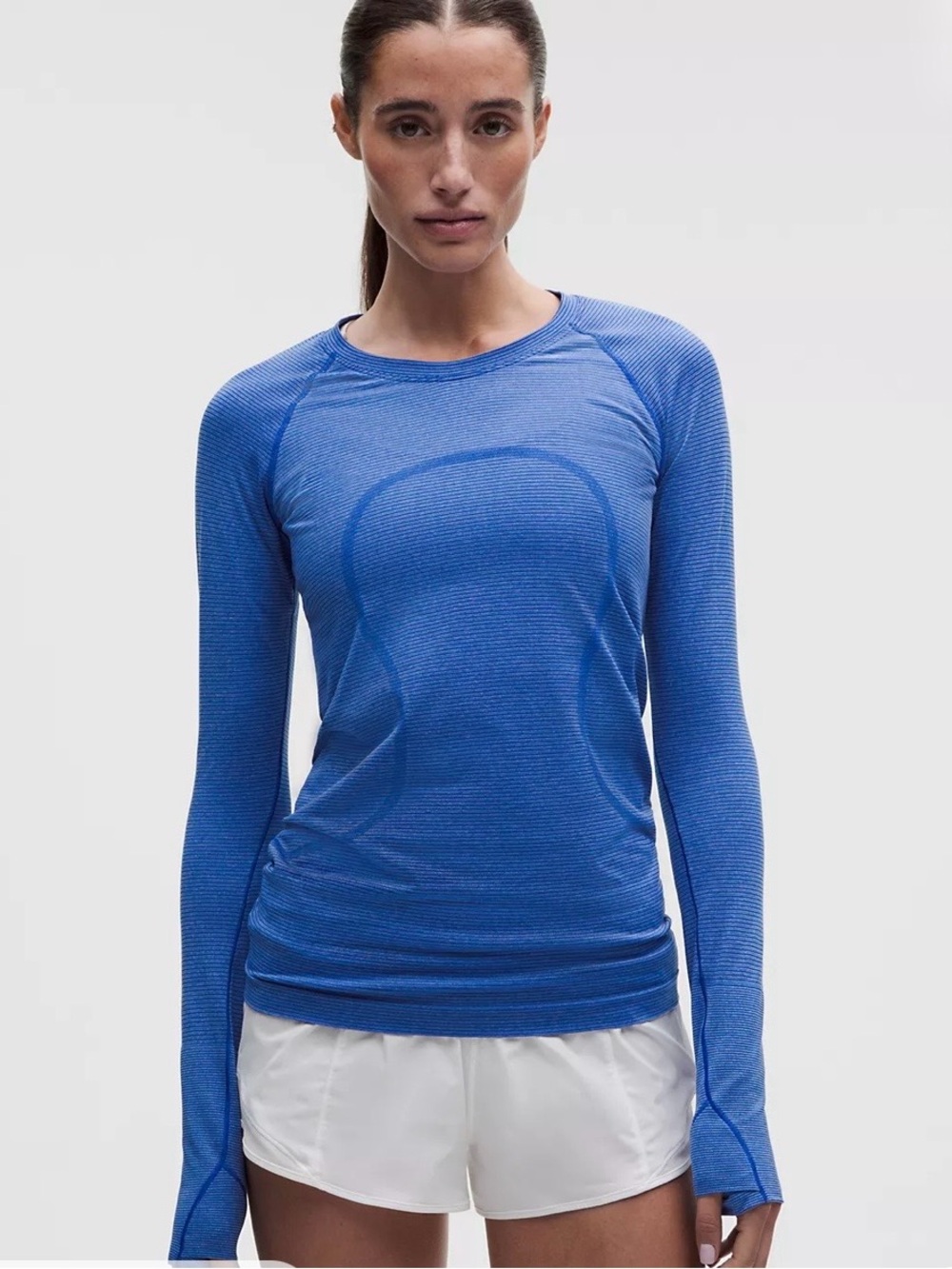 Lululemon Swiftly Tech Long Sleeve Shirt Size 10 Spandex Stripe Beach Ball Blue